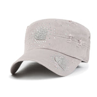 ililily Vintage Distressed Cotton Army Hat Heart Shape Rhinestone Cadet Cap