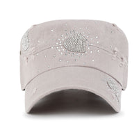 ililily Vintage Distressed Cotton Army Hat Heart Shape Rhinestone Cadet Cap