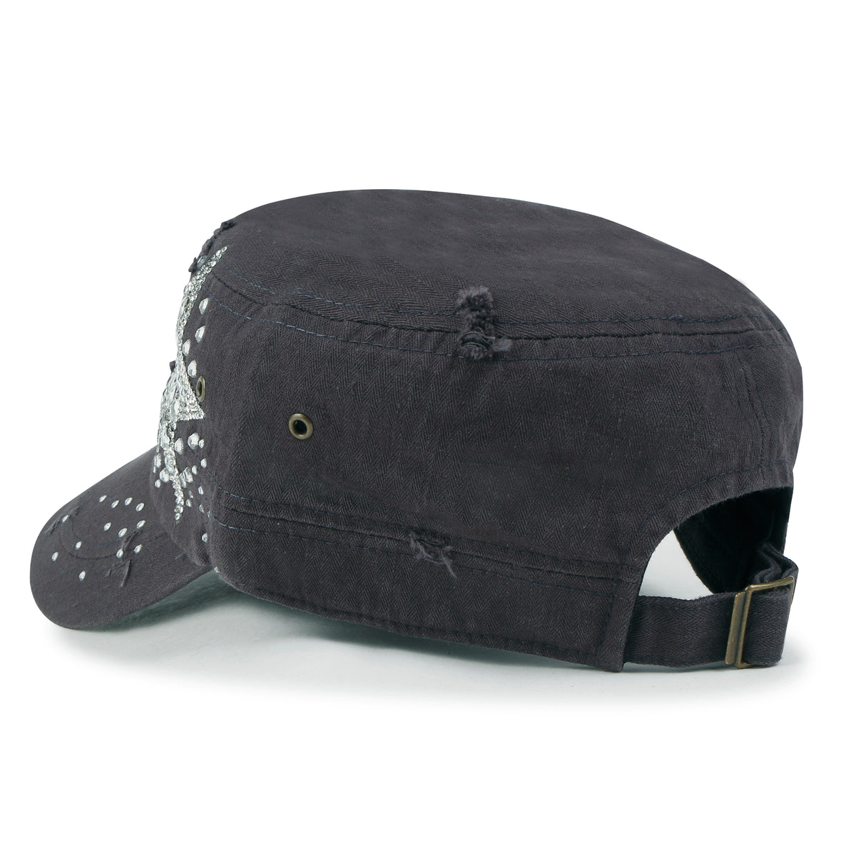 ililily Vintage Distressed Cotton Army Hat Star Shape Rhinestone Cadet Cap