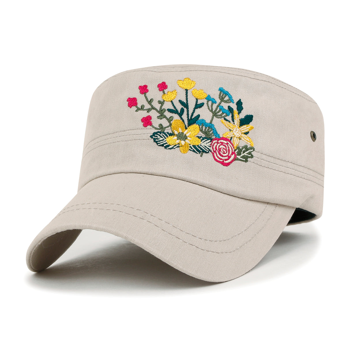 ililily Flower Embroidery Cotton Military Army Hat Women Casual Cadet Cap