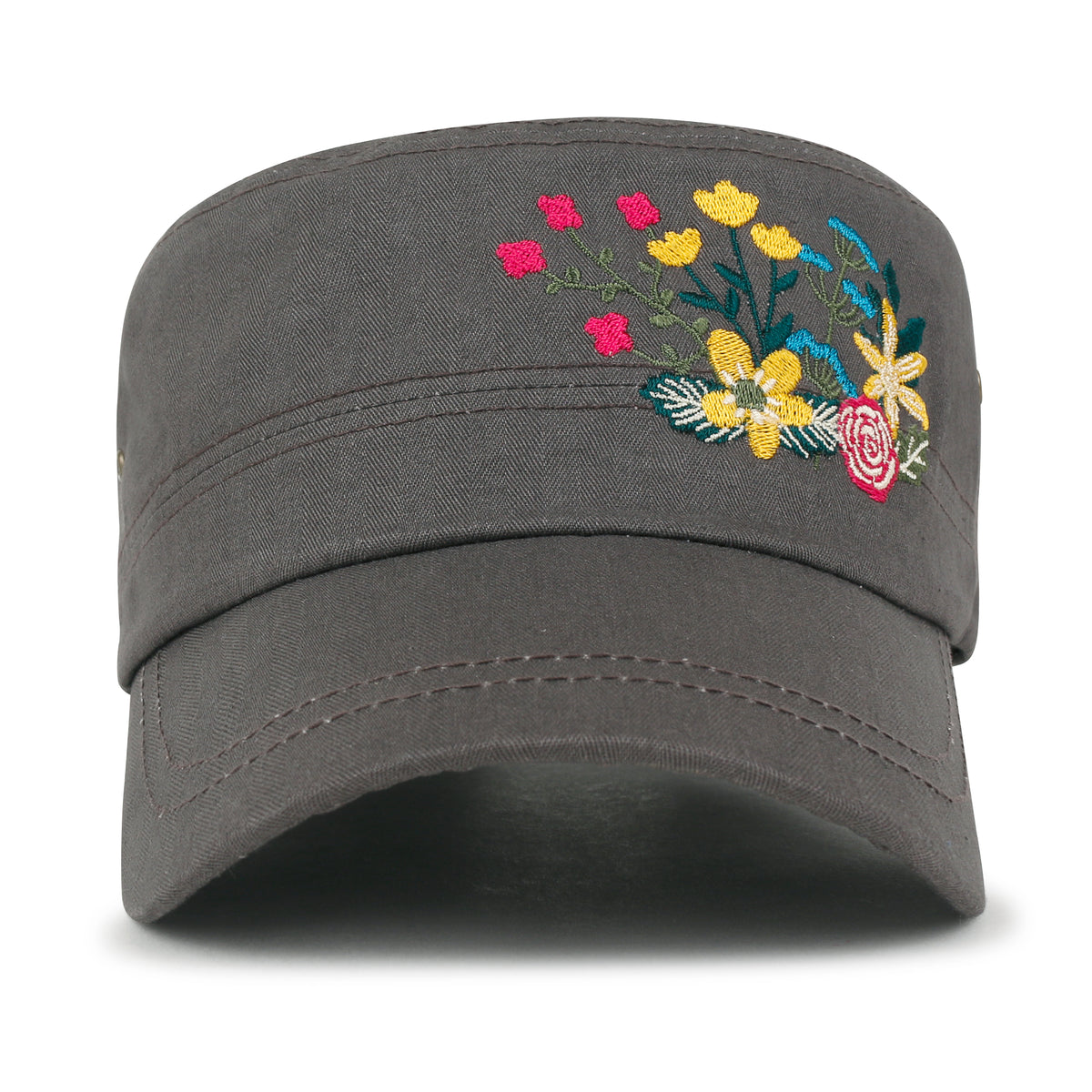 ililily Flower Embroidery Cotton Military Army Hat Women Casual Cadet Cap