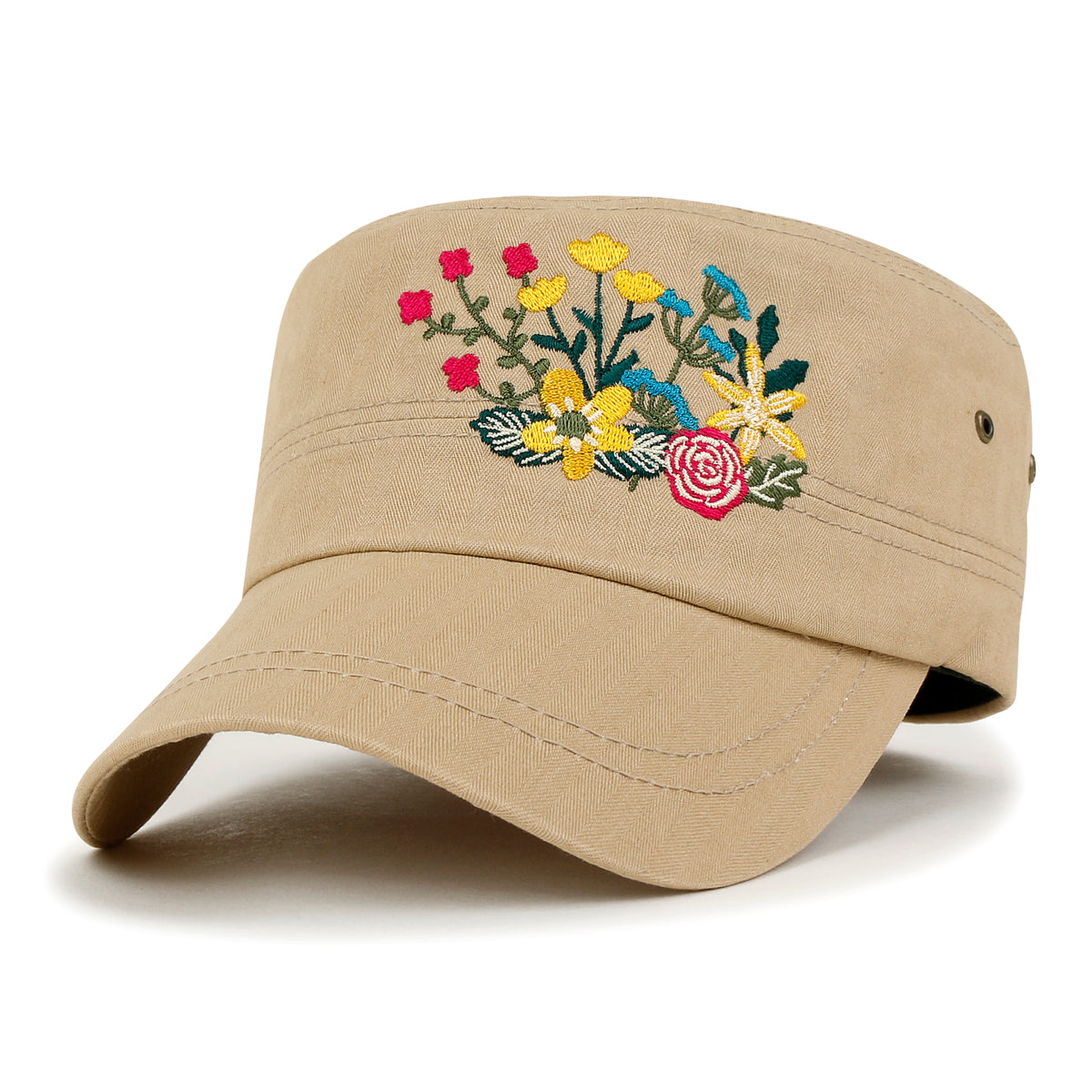 ililily Flower Embroidery Cotton Military Army Hat Women Casual Cadet Cap