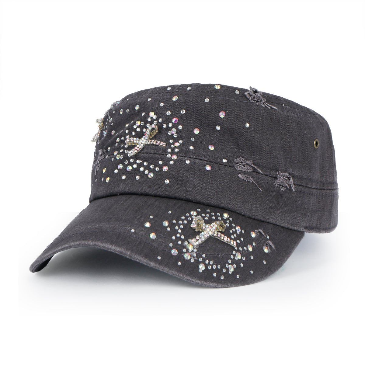 ililily Vintage Distressed Cotton Army Hat Heart Ribbon Rhinestone Cadet Cap