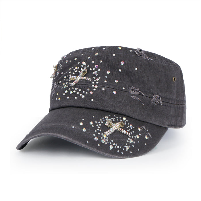 ililily Vintage Distressed Cotton Army Hat Heart Ribbon Rhinestone Cadet Cap