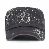 ililily Vintage Distressed Cotton Army Hat Heart Ribbon Rhinestone Cadet Cap