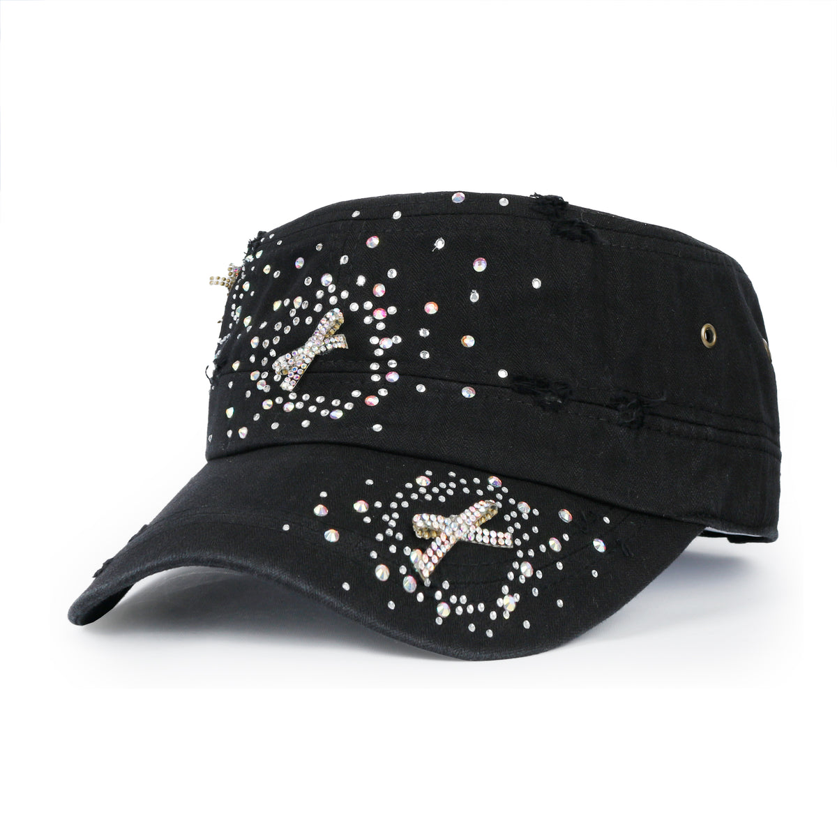ililily Vintage Distressed Cotton Army Hat Heart Ribbon Rhinestone Cadet Cap