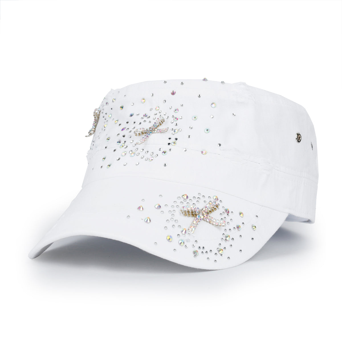 ililily Vintage Distressed Cotton Army Hat Heart Ribbon Rhinestone Cadet Cap