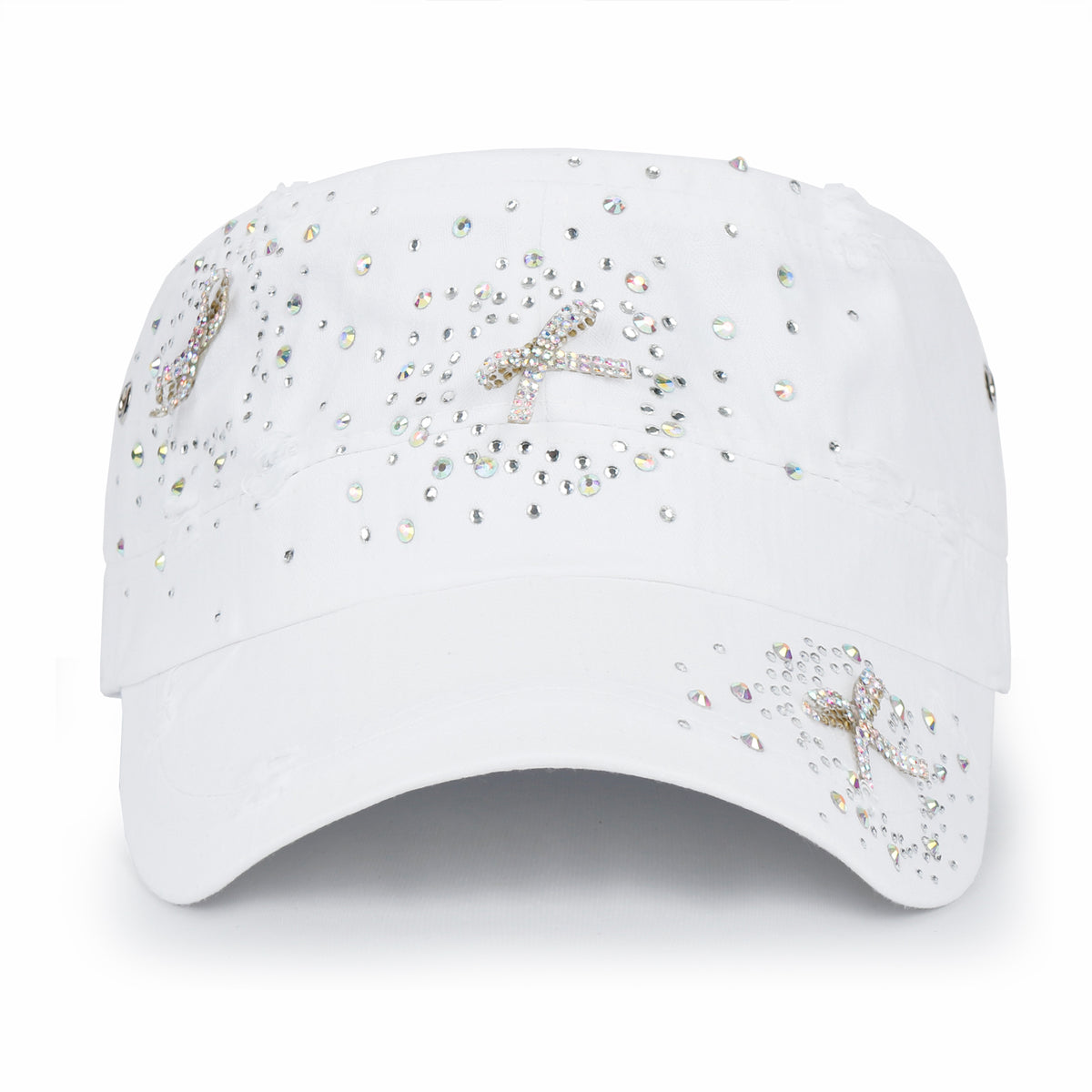 ililily Vintage Distressed Cotton Army Hat Heart Ribbon Rhinestone Cadet Cap