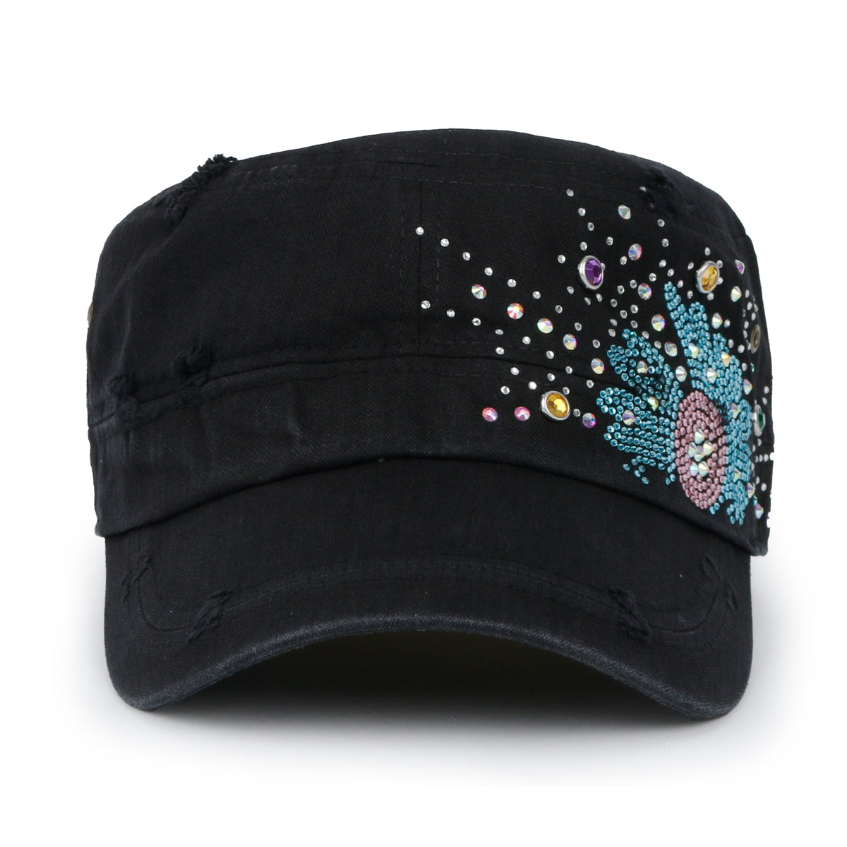 ililily Vintage Distressed Cotton Army Hat Sunflower Rhinestone Cadet Cap