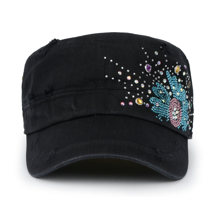 ililily Vintage Distressed Cotton Army Hat Sunflower Rhinestone Cadet Cap