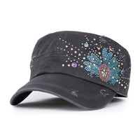 ililily Vintage Distressed Cotton Army Hat Sunflower Rhinestone Cadet Cap