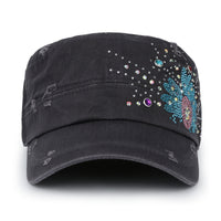 ililily Vintage Distressed Cotton Army Hat Sunflower Rhinestone Cadet Cap
