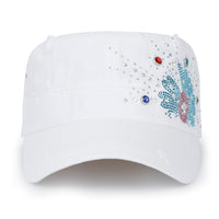 ililily Vintage Distressed Cotton Army Hat Sunflower Rhinestone Cadet Cap
