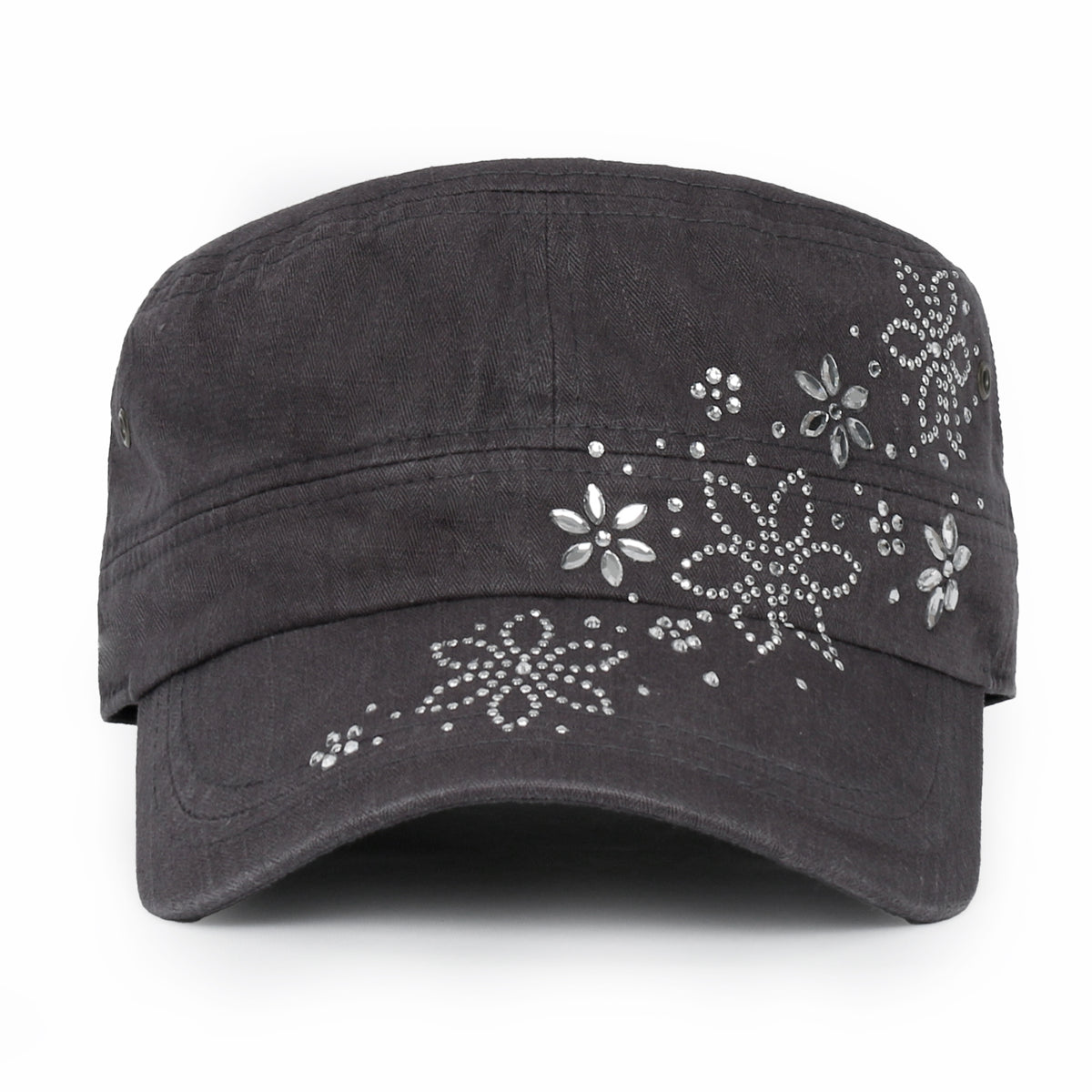 ililily Crystal / Black Gemstone Flower Vintage Military Army Hat Cadet Cap