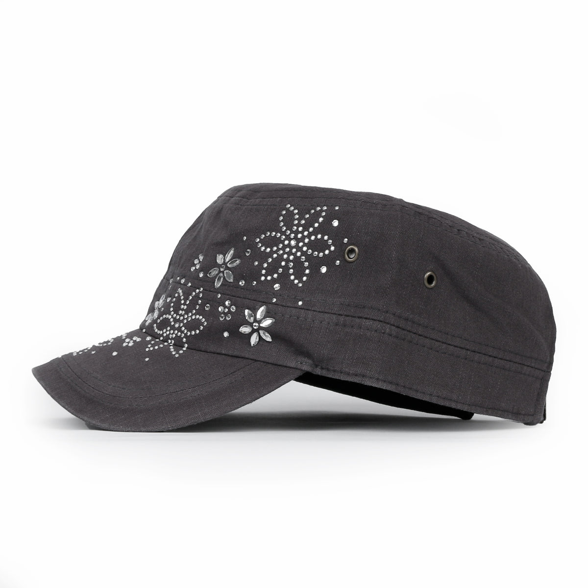 ililily Crystal / Black Gemstone Flower Vintage Military Army Hat Cadet Cap