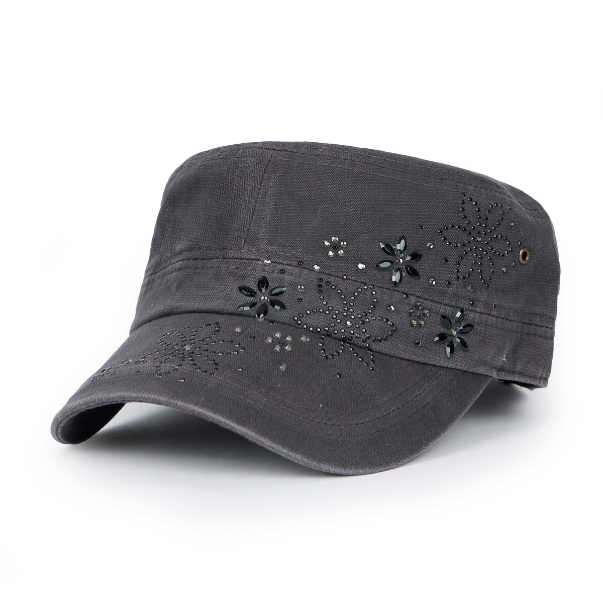 ililily Crystal / Black Gemstone Flower Vintage Military Army Hat Cadet Cap