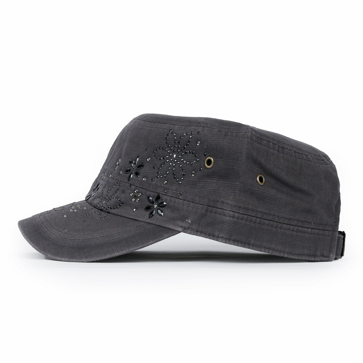 ililily Crystal / Black Gemstone Flower Vintage Military Army Hat Cadet Cap