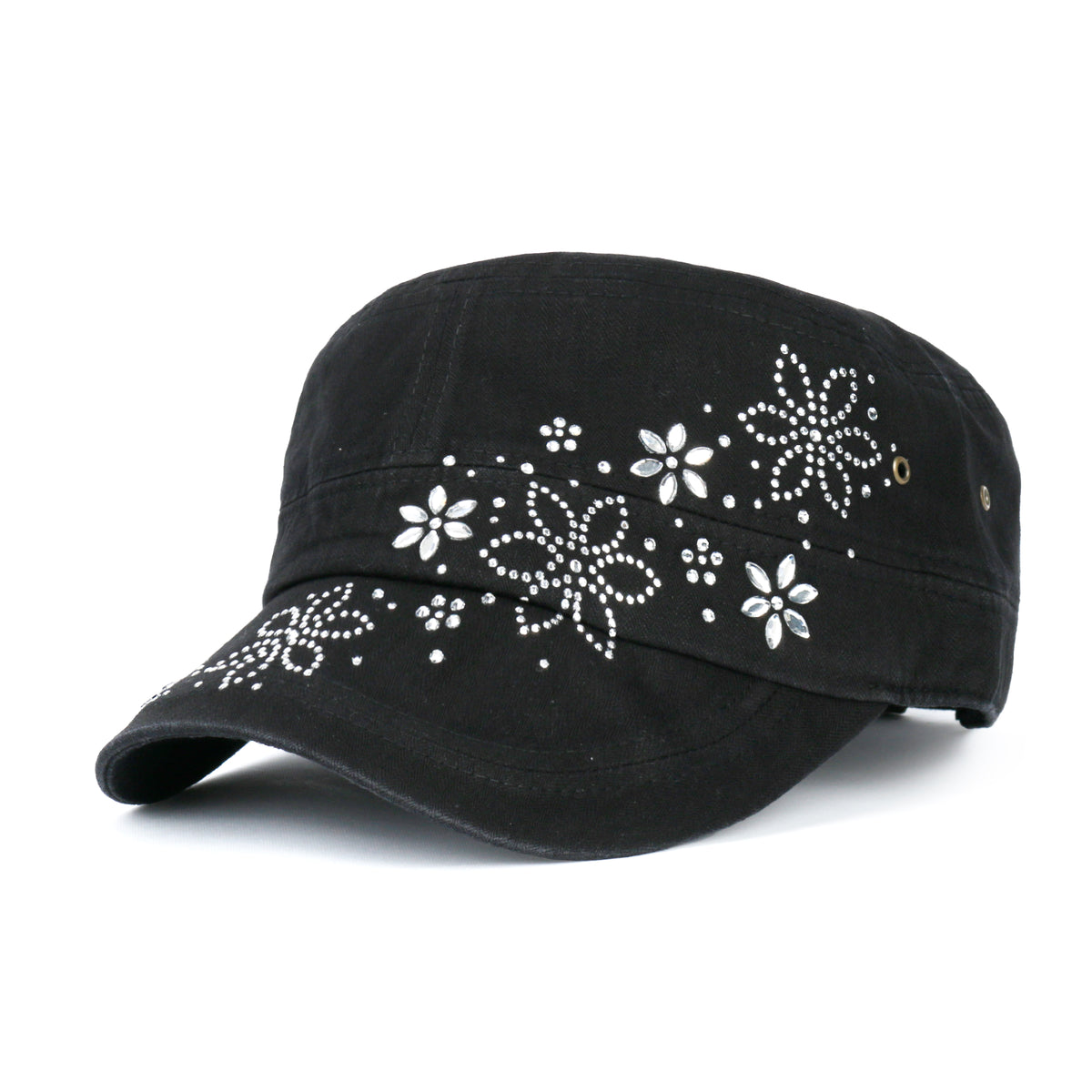 ililily Crystal / Black Gemstone Flower Vintage Military Army Hat Cadet Cap