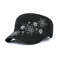 ililily Crystal / Black Gemstone Flower Vintage Military Army Hat Cadet Cap