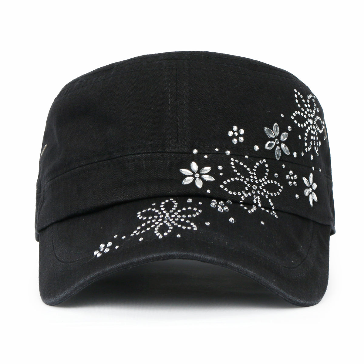 ililily Crystal / Black Gemstone Flower Vintage Military Army Hat Cadet Cap