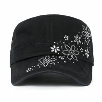 ililily Crystal / Black Gemstone Flower Vintage Military Army Hat Cadet Cap