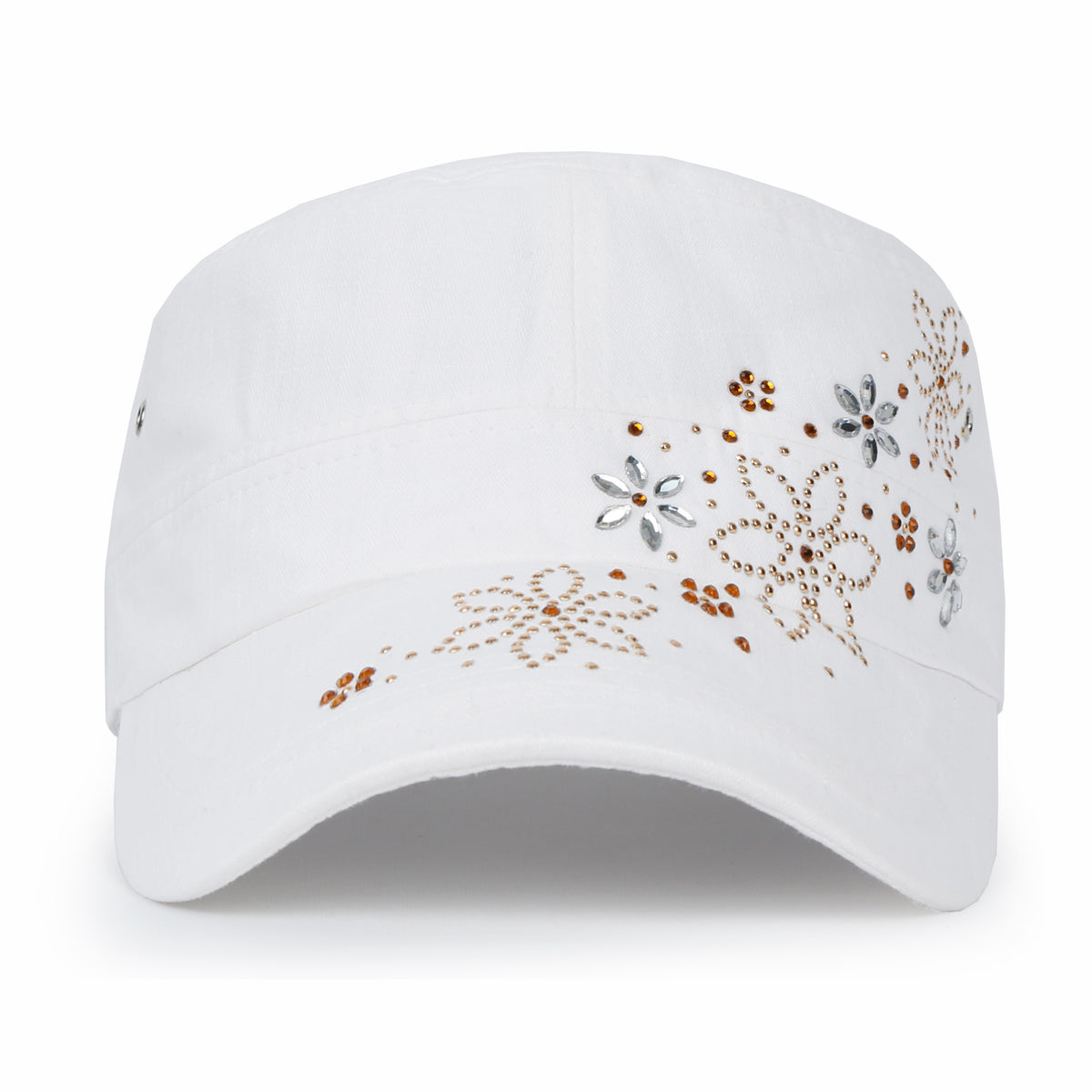 ililily Crystal / Black Gemstone Flower Vintage Military Army Hat Cadet Cap