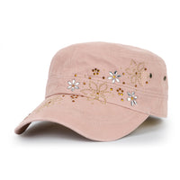 ililily Crystal / Black Gemstone Flower Vintage Military Army Hat Cadet Cap