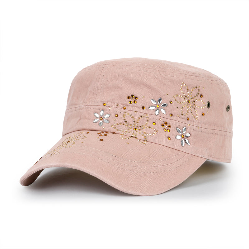 ililily Crystal / Black Gemstone Flower Vintage Military Army Hat Cadet Cap
