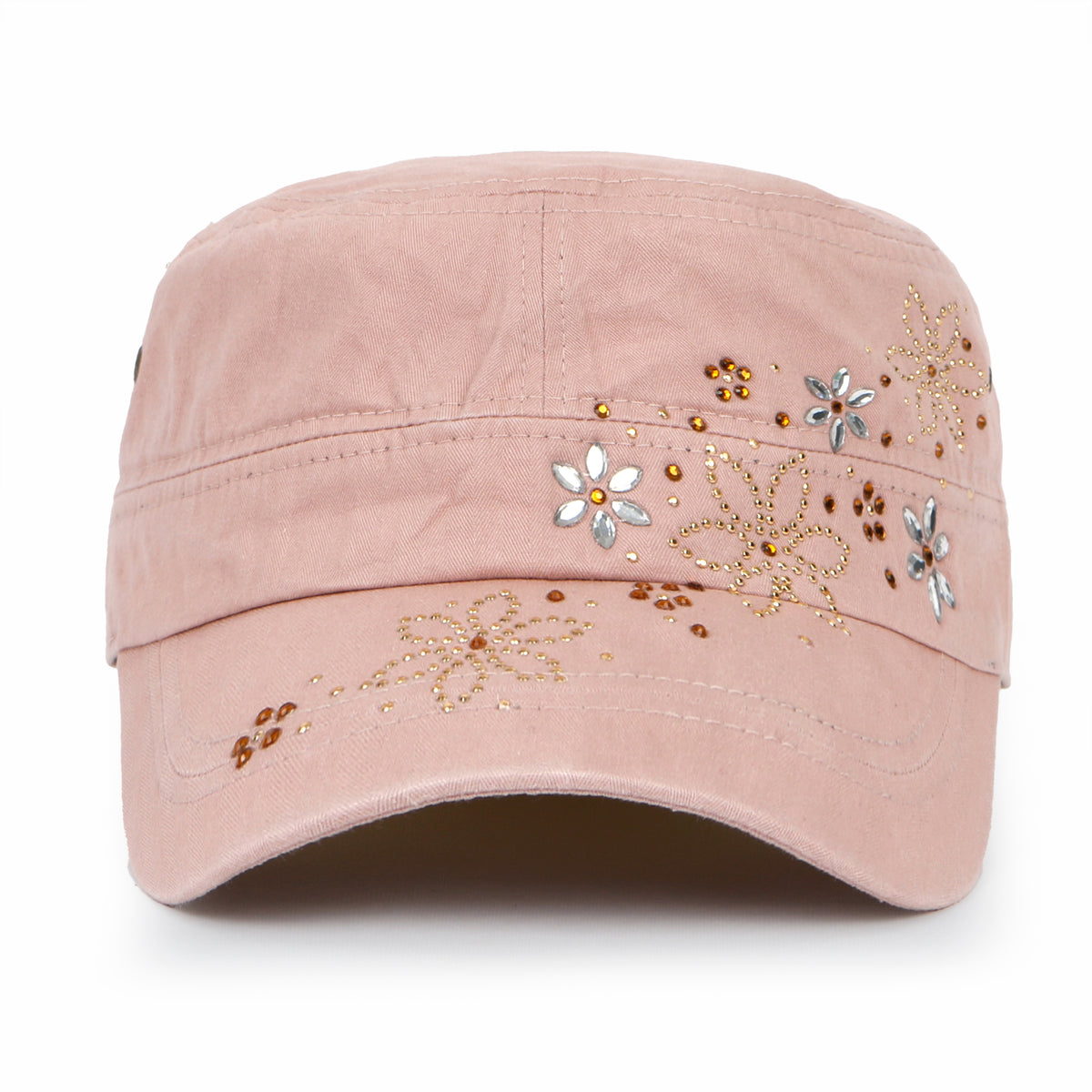 ililily Crystal / Black Gemstone Flower Vintage Military Army Hat Cadet Cap