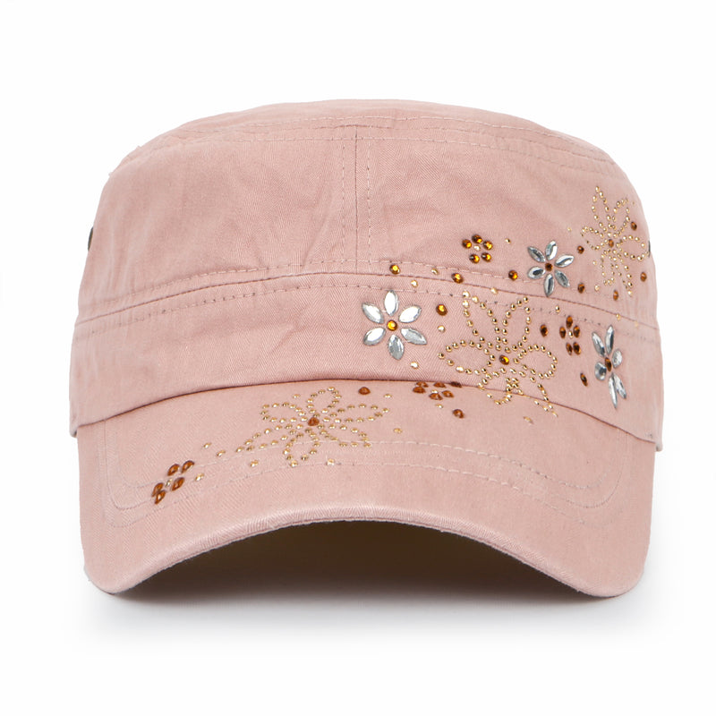 ililily Crystal / Black Gemstone Flower Vintage Military Army Hat Cadet Cap