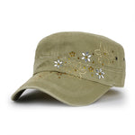 ililily Crystal / Black Gemstone Flower Vintage Military Army Hat Cadet Cap