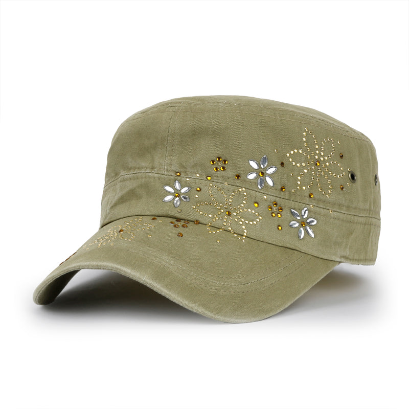 ililily Crystal / Black Gemstone Flower Vintage Military Army Hat Cadet Cap