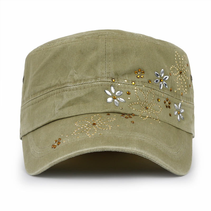ililily Crystal / Black Gemstone Flower Vintage Military Army Hat Cadet Cap