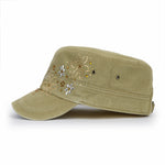 ililily Crystal / Black Gemstone Flower Vintage Military Army Hat Cadet Cap