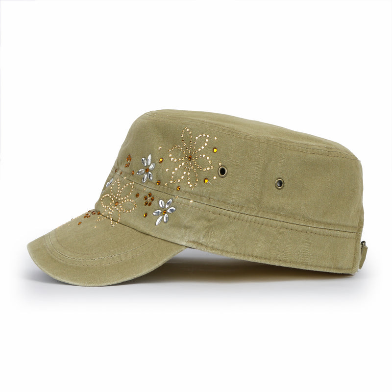 ililily Crystal / Black Gemstone Flower Vintage Military Army Hat Cadet Cap