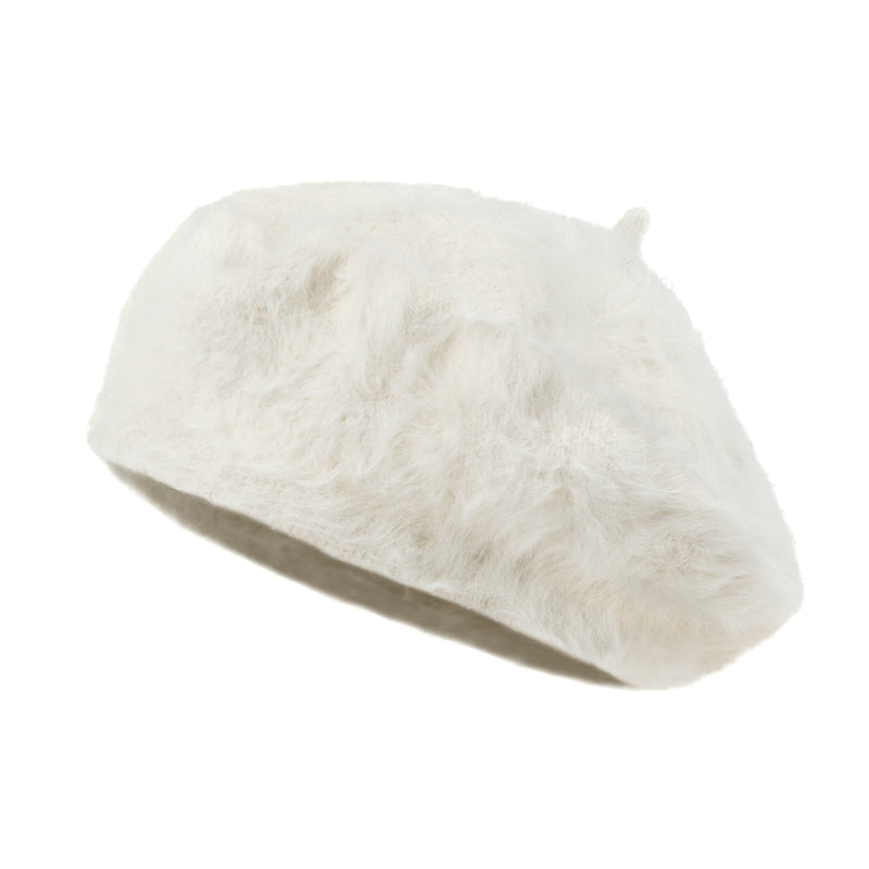 ililily Solid Color Angora French Beret Furry Artist Flat Winter Hat