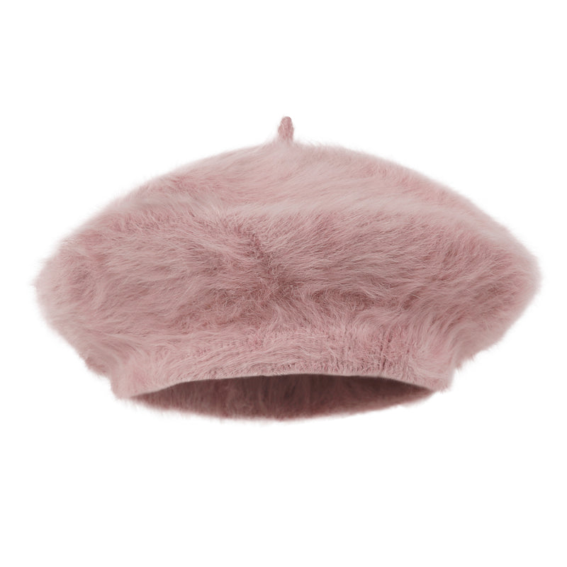 ililily Solid Color Angora French Beret Furry Artist Flat Winter Hat