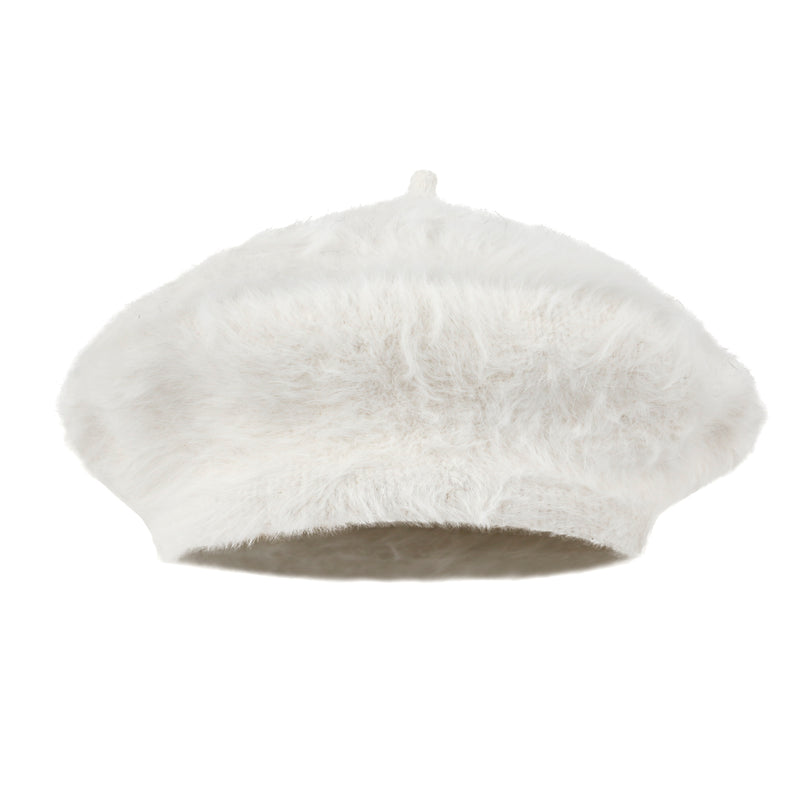 ililily Solid Color Angora French Beret Furry Artist Flat Winter Hat