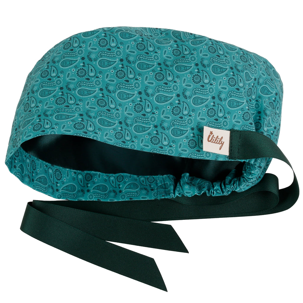 ililily Pattern Printed Scrub Hat Satin Lined Surgical Cap With Colorful Ribbon