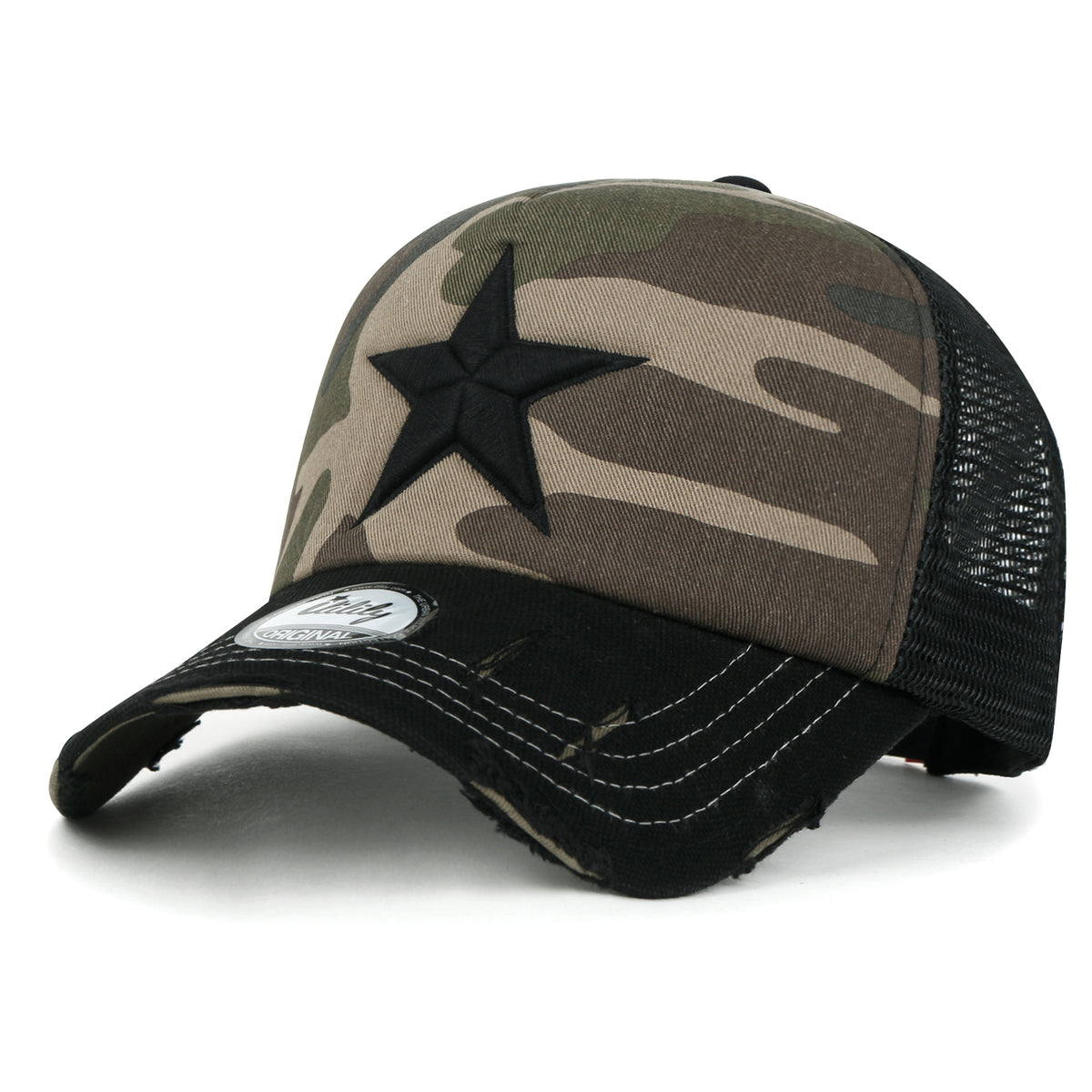 ililily Star Embroidery Black White Trucker Hat Cotton Baseball Cap