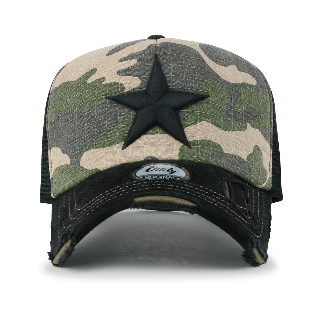 ililily Star Embroidery Black White Trucker Hat Cotton Baseball Cap
