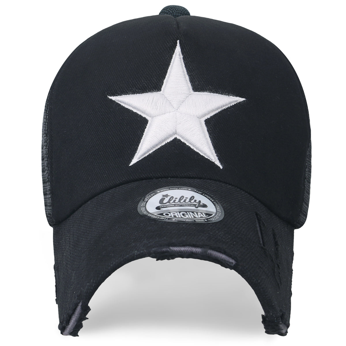 ililily Star Embroidery Black White Trucker Hat Cotton Baseball Cap