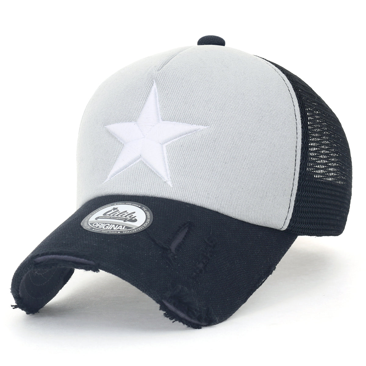 ililily Star Embroidery Black White Trucker Hat Cotton Baseball Cap