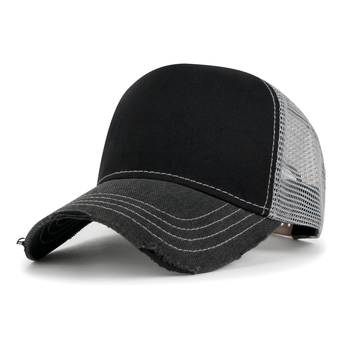 Premium Distressed Mesh Trucker Hat, Contrast Stitch Blank Cap