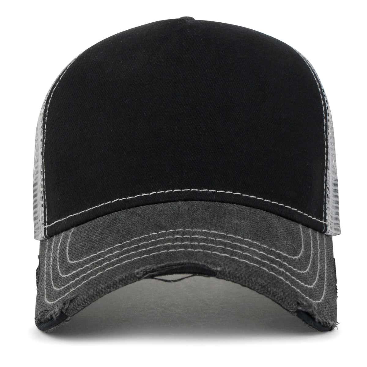 Premium Distressed Mesh Trucker Hat, Contrast Stitch Blank Cap