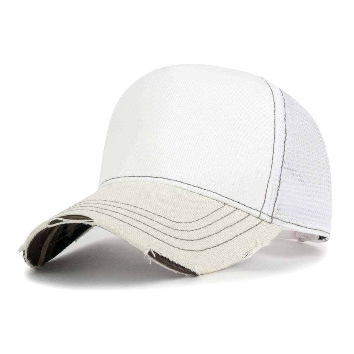 Premium Distressed Mesh Trucker Hat, Contrast Stitch Blank Cap