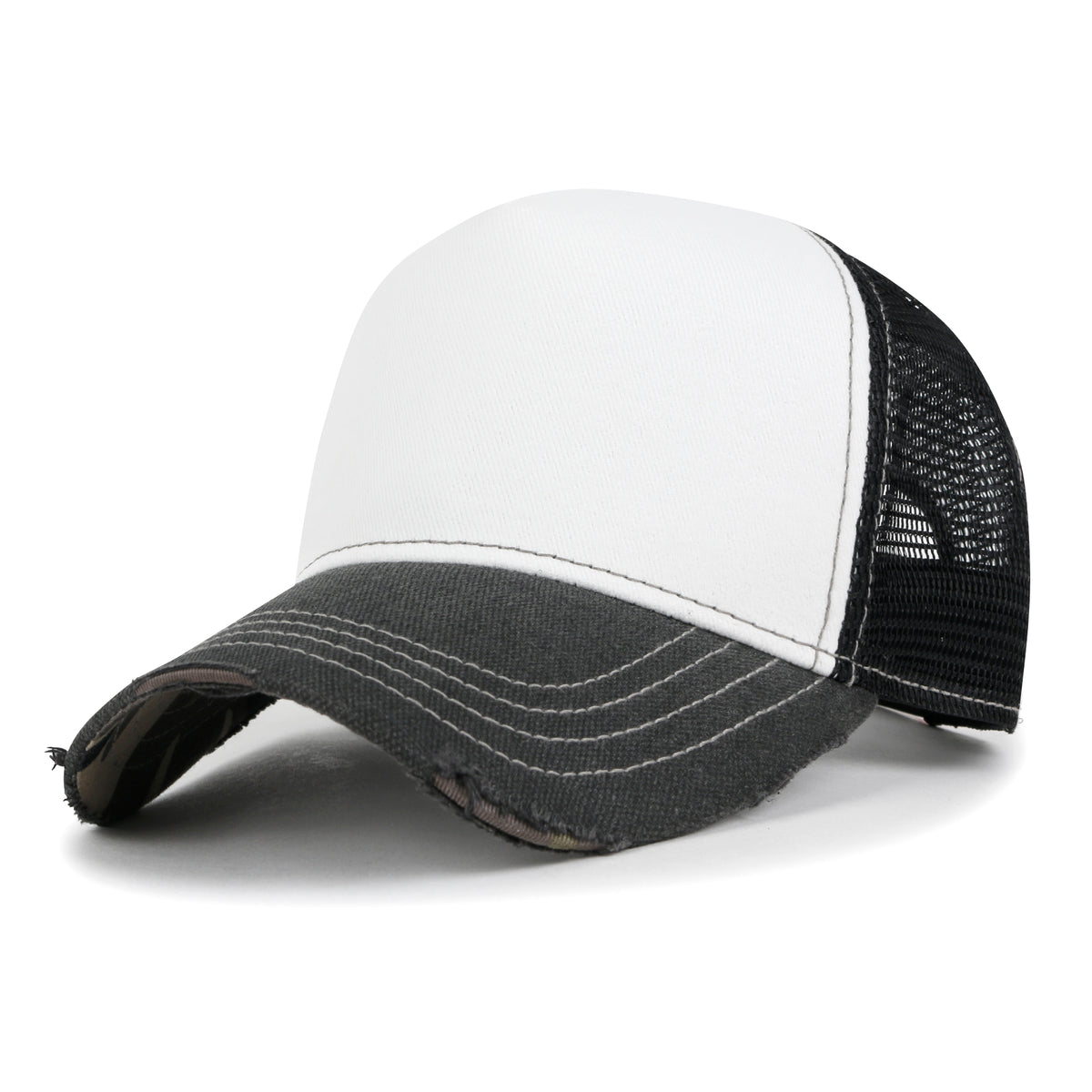 Premium Distressed Mesh Trucker Hat, Contrast Stitch Blank Cap