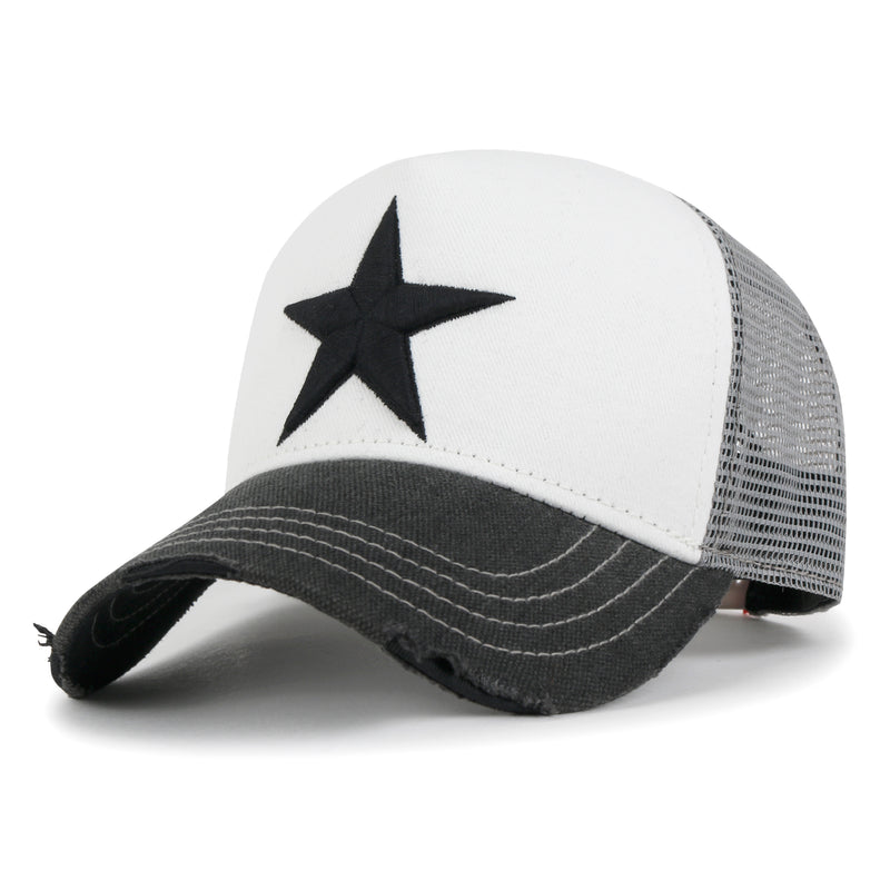 Premium Star Embroidery Structured Crown Vintage Trucker Hat Medium Black