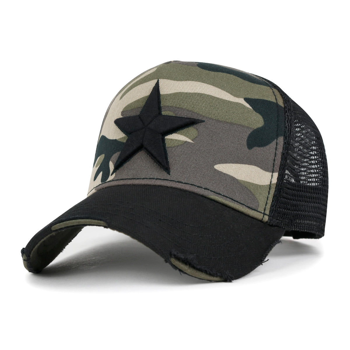 ililily Premium Star Embroidery Structured Crown Vintage Trucker Hat