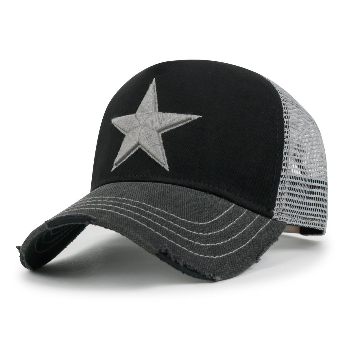 ililily Premium Star Embroidery Structured Crown Vintage Trucker Hat